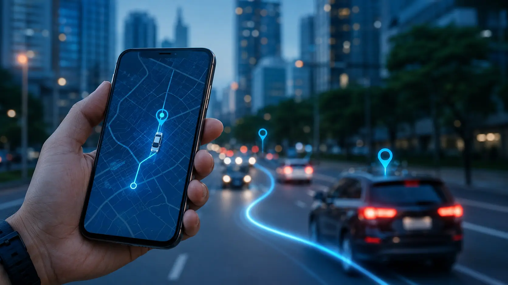 Celular mostrando a localização de veículos em tempo real