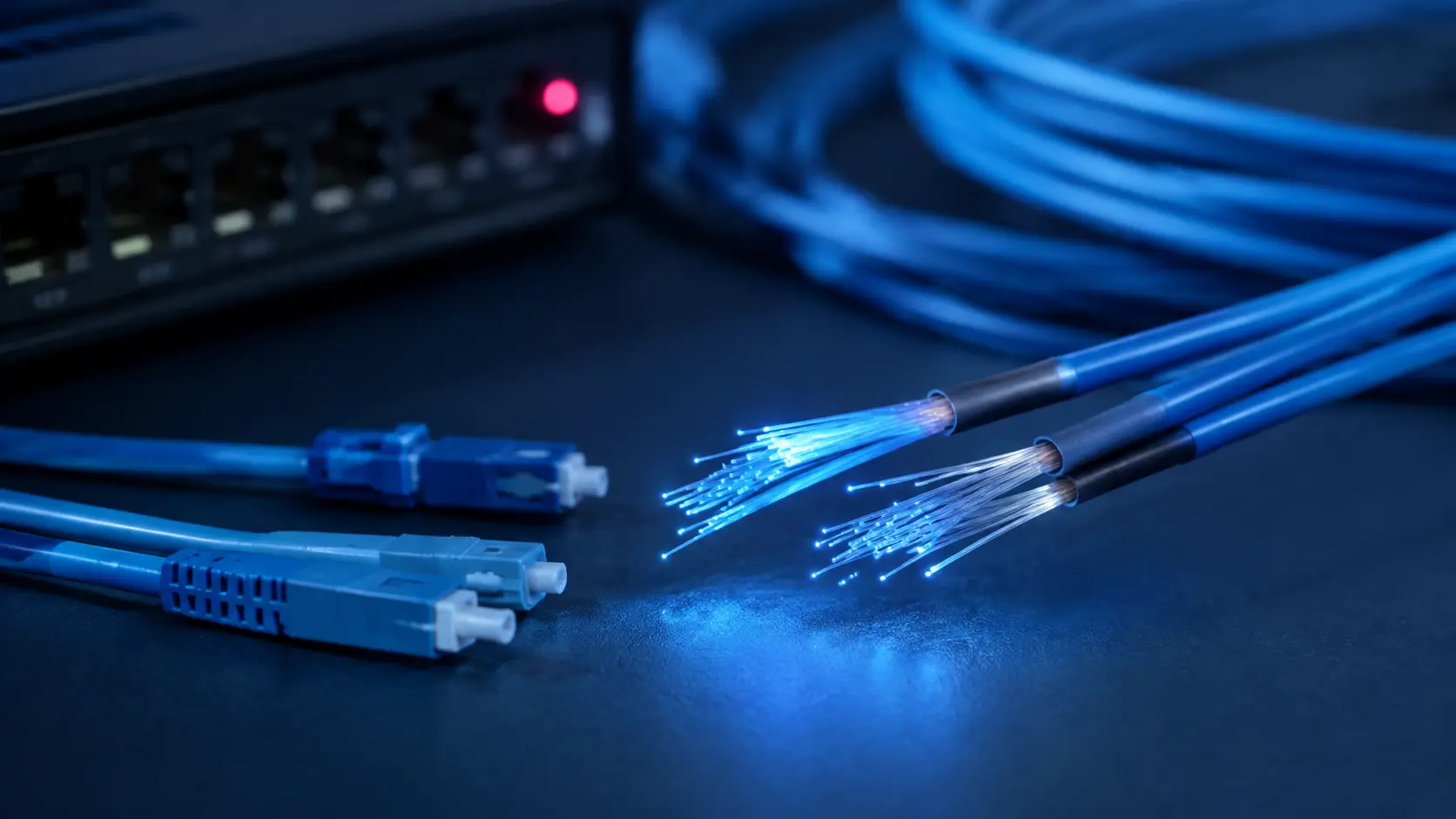 Detalhe técnico de cabos de fibra óptica