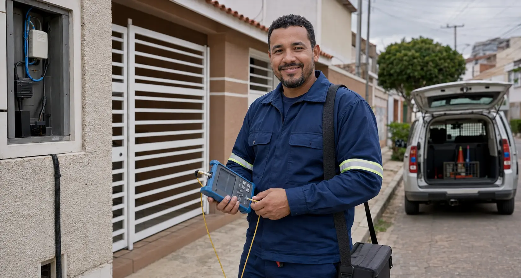 Técnico de fibra óptica atendendo em uma residência